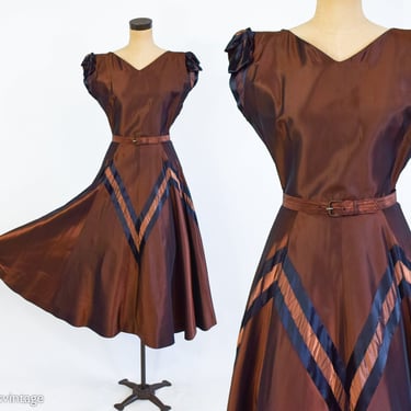 1940s Iridescent Brown Cocktail Dress | 40s Brown Silk Taffeta Party Dress | Old Hollywood | Medium 