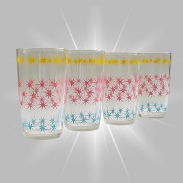 Mid-Century EZ Por Starburst Drink Ware, Vintage Hazel Atlas Atomic Star Juice Glass Set, Read Description 