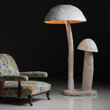Library Chair in Embroidered Fabric by Pierre Frey / Mushroom Floor Lamp