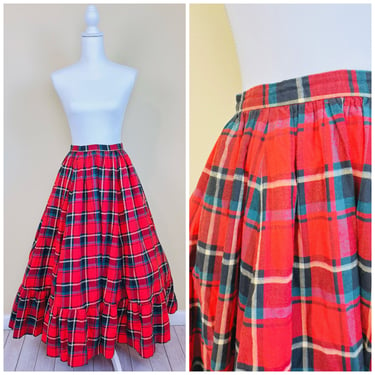 1980s Vintage Ralph Lauren Red Plaid Skirt / 80s Tartan Cotton High Waisted Ruffled Skirt / XS 