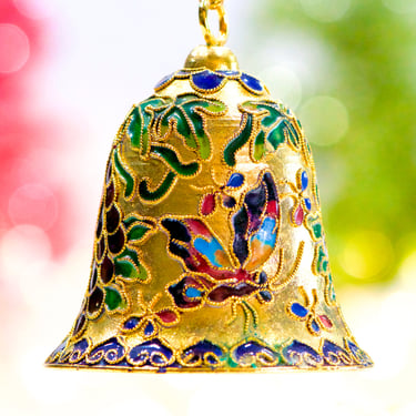 VINTAGE: Brass Cloisonné Enameled Bell Ornament - Butterfly Floral Design - Holiday Christmas - SKU 14-A1-00034524 
