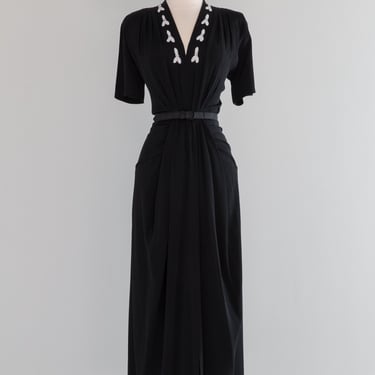 Vintage 1940's Black Rayon Evening Gown With Fabulous Draped Skirt / ML