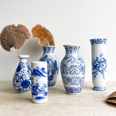 Vintage Blue and White Stencil Small Porcelain Vases  Japanese Chinese Asian Petite Bud Vase Single Bud Vase Cylinder Chinoiserie 