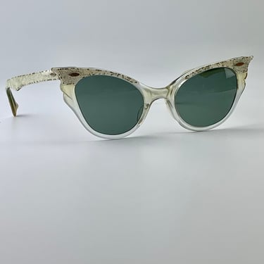 1950'S Cat's Eye Sunglasses - Clear Translucent with Glitter Flecks - New UV Glass Lenses - Optical Quality - Smaller Frame 