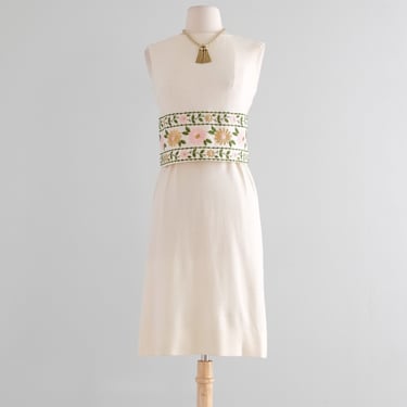 Vintage 1960's Ivory Wool Jersey Shift with Gold Brocade Florals by Minx Modes / XS