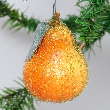 Vintage German Wire Wrapped Spun Cotton Glittered Pear Ornament, Vintage Christmas Tree Fruit Decor 