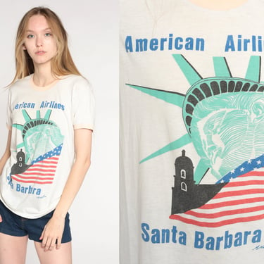 Vintage American Airlines Shirt 80s Santa Barbara Tshirt Lady Liberty Single Stitch Tshirt Statue T Shirt 1980s Graphic Medium Large 