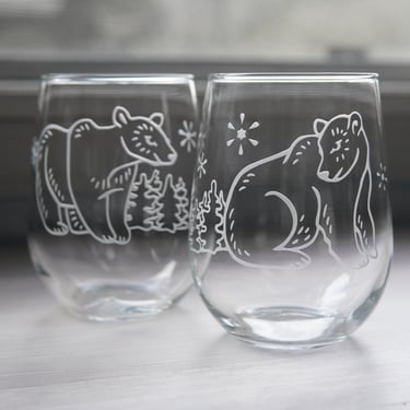 Polar Bear Stemless Wine Glasses Set of 2 - winter seasonal etched glassware 