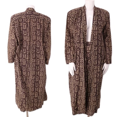 80s NORMA KAMALI mud cloth print outfit 6 / vintage 1980s designer duster jacket and skirt S, OMO dress cotton 