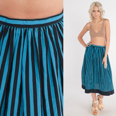 Striped Skirt 80s Midi Skirt Blue Black Vertical Stripes Retro High Waisted Tea Length Secretary Day Boho Summer Vintage 1980s Medium M 10 