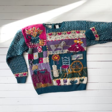 cute cottagecore sweater 80s 90s vintage Orvis antique store novelty granny embroidered sweater 