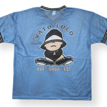 Vintage 90s Vato Loco Lowrider/Homies Double Sided Chicano “Qué Onda Ese” Light Blue Made in USA Mesh Jersey Size XL 