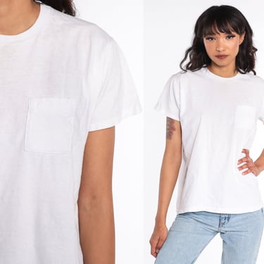 Plain White Tshirt Vintage Pocket Shirt Single Stitch Shirt 80s T Shirt Basic Normcore Tshirt White Tee Short Sleeve 90s Medium 