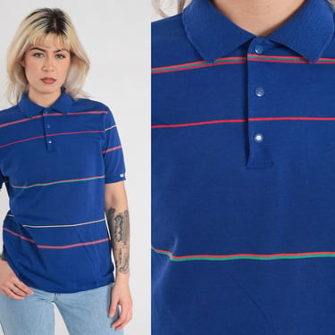 Blue Striped Polo Shirt 80s 90s Levis Collared T-Shirt Retro Short Sleeve Top Preppy Streetwear Red Green Levi Strauss Vintage 1990s Medium 