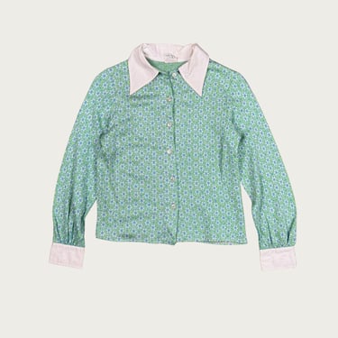 (XS) 70s/80s Green/Blue Floral Print Knit Blouse