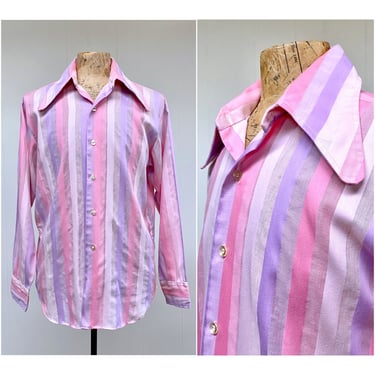 Vintage 1960s Mod Pink/Lilac Striped Dress Shirt with Insane Collar, 60s Carnaby Street Style Long Sleeve Dandy Shirt, Large 