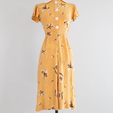 Adorable 1940's Rayon Swing Dress With Abstract Novelty Print / Small