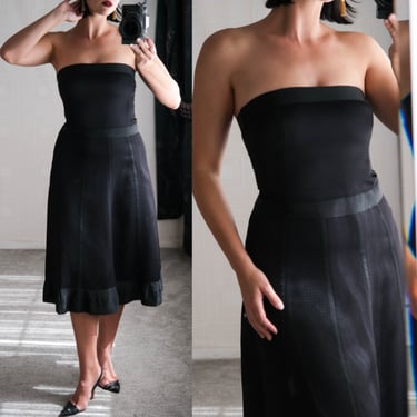 Vintage 90s DKNY Black Label Strapless Chevron & Ribbon Structured Cocktail Dress | Wool Blend | 1990s Donna Karan New York Designer Dress 