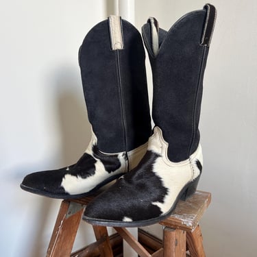 80’s vintage black and white cowhide western cowboy boots (8W) 