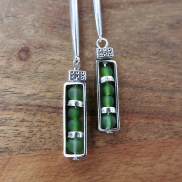 Long green frosted glass earrings 