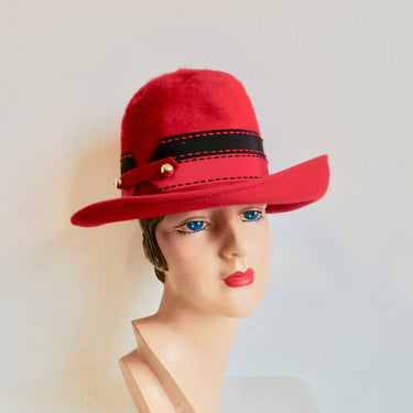 Vintage 1960's Red Fuzzy Felt High Crown Brimmed Hat Black Ribbon Gold Buttons 60's English Millinery Made in England Mitzi London Size 22 
