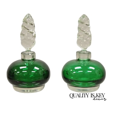 Vintage Emerald Green Blown Glass Spiral Stopper Bavarian Perfume Bottle - Pair