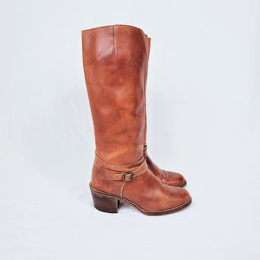 Stacked Heel 1970's Thom McAn Nutmeg Brown Leather Harness Riding Boots I Sz 7 I Made in Brazil 