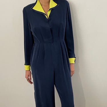 90s silk jumpsuit / vintage navy blue brushed silk French cuffs chartreuse trim blazer jumpsuit | S M 