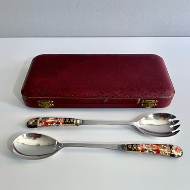 Vintage Royal Crown Derby, Imari pattern, Silver Plate Serving Spoons with Porcelain, Hand Painted Handles - Original Leather Case, Gift Set 