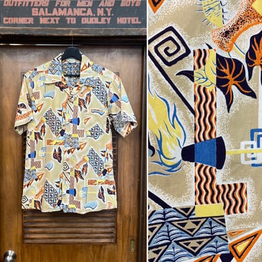 Vintage 1950’s “Malihini” Atomic Modernist Cotton Rockabilly Hawaiian Shirt, 50’s Loop Collar, Vintage Clothing 