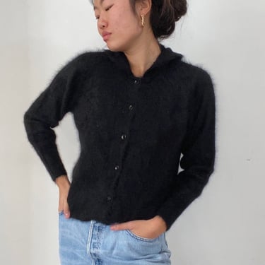 50s angora collared sweater / vintage black Italian fuzzy angora collared button front cardigan sweater | Small 