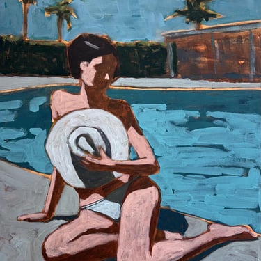 Woman by Pool #3 - Original Acrylic Painting on Canvas 14 x 14 - michael van, summer, figurative 