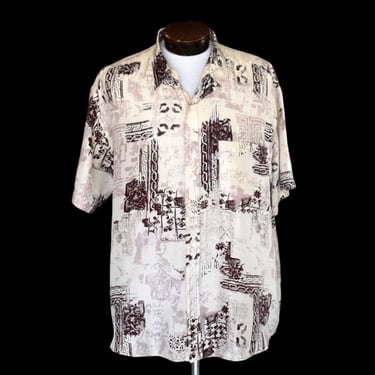 Vintage 90s Abstract Architecture Print Silk Shirt, 1990s Geometric Print Short Sleeve Shirt, Light Weight Button Front, Size Large to XL 