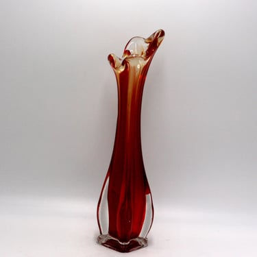 vintage Swung Glass Vase Amberina Yellow and Red 