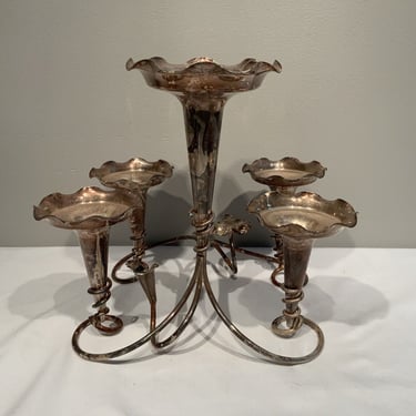 Antique Silver Plate 5-Trumpet Epergne Centerpiece Flower Vase, Art Nouveau silver plate decor, dinning table centerpiece, holiday vases 