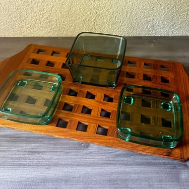 Vintage Dansk Teak Lattice Tray With Glass Dish Insert, JHQ Denmark, designed by Jens Quistgaard 