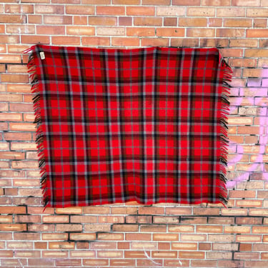 vintage 50s red faribo plaid throw wool blanket / 49in x 58in 