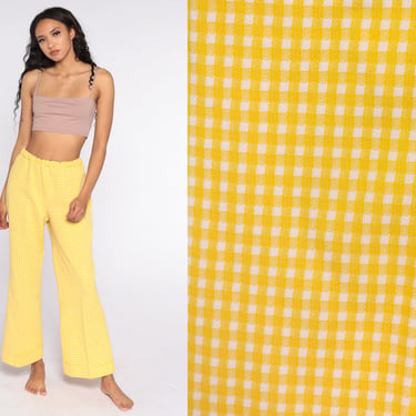 Gingham Bell Bottom Trousers 70s Plaid Pants HIGH WAISTED Hippie Boho Straight Leg Yellow White 1970s Checkered Print Vintage Medium 