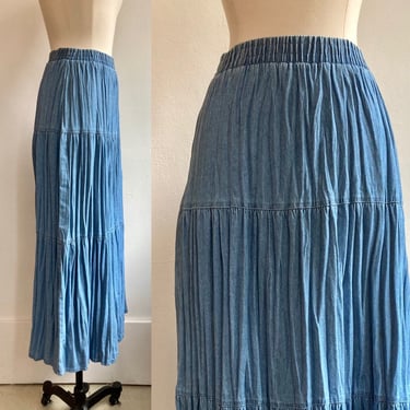 Vintage 80s CRINKLE PRAIRIE Denim Broomstick Skirt / Tiers / XL 
