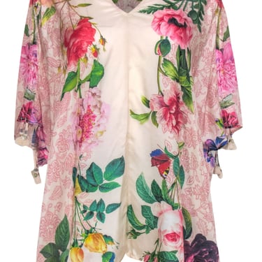 Johnny Was - Pink Floral Printed Silk Kaftan-Style &quot;Botan&quot; Tunic Blouse Sz XXL