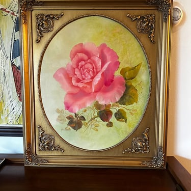 Large Gorgeous Vintage Oil Painting of Pink Rose 