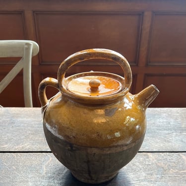 Antique French Vinegar Pot with Lid in Mustard Glaze