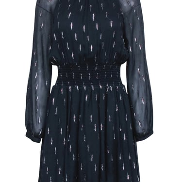 Rebecca Taylor - Navy & Silver Print Long Sleeve Dress w/ Smocked Neck and Waist Sz 8