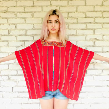 Hand Embroidered Huipil Blouse // vintage red oversize woven boho hippie Mexican dress hippy tunic 70s 1970s 1970's 70's sun mini // O/S 