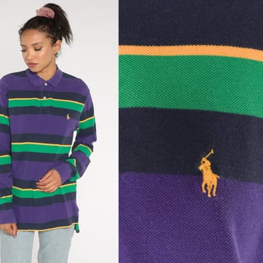 Ralph Lauren Shirt 90s Purple Striped Long Sleeve Blue Green Polo Shirt Preppy Pullover Vintage 1990s Streetwear RLP Rugby Men's Medium 