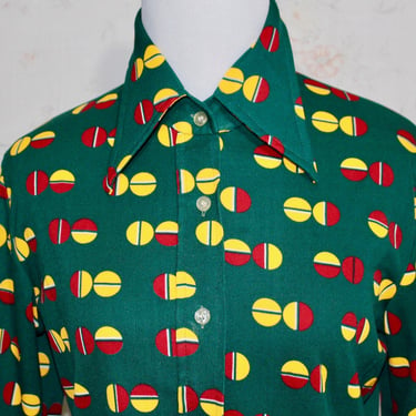 Vintage 70s Geometric Blouse, 1970s Dagger Collar Shirt, Button Up, Abstract, Novelty Print, Bright, Disco, Knit 