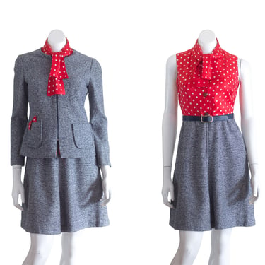 1970s blue tweed and red polka dot dress set 