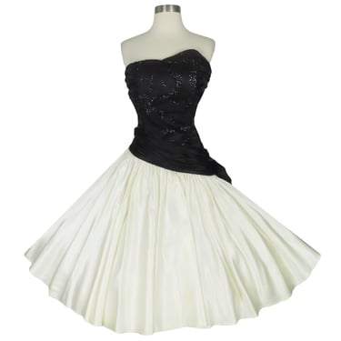 Vintage 80s Strapless Black Off White Full Circle Skirt Prom Party Dress M Medium Zum Zum Glitter Lace Bow Rhinestones Womens Dance Gown 