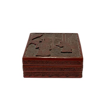 Vintage Chinese Red Resin Lacquer Square Carving Small Accent Box ws3013E 