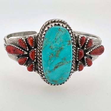 Beautiful Navajo Turquoise & Coral Sterling Silver Cuff Bracelet Stamped Designs 